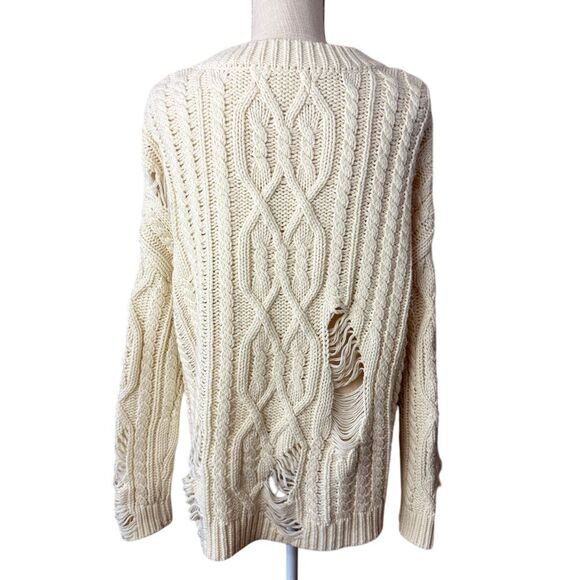 Revolve JOA Distressed Cable Knit Sweater Womens Size S Cream Crewneck Oversized - Picture 4 of 16